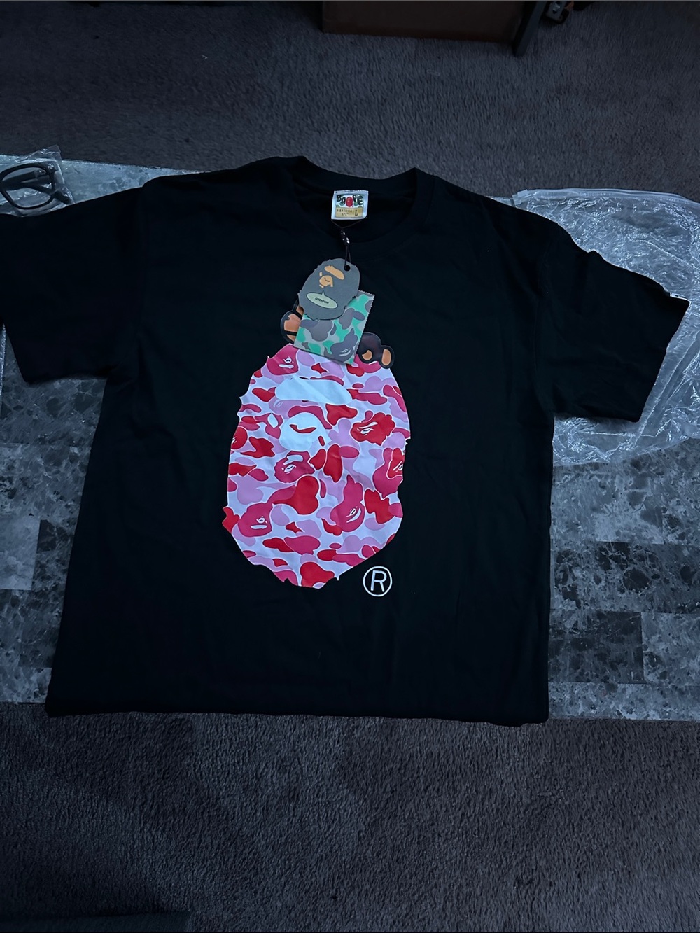 Bape Black Tee with Pink & Red Camo Ape Head